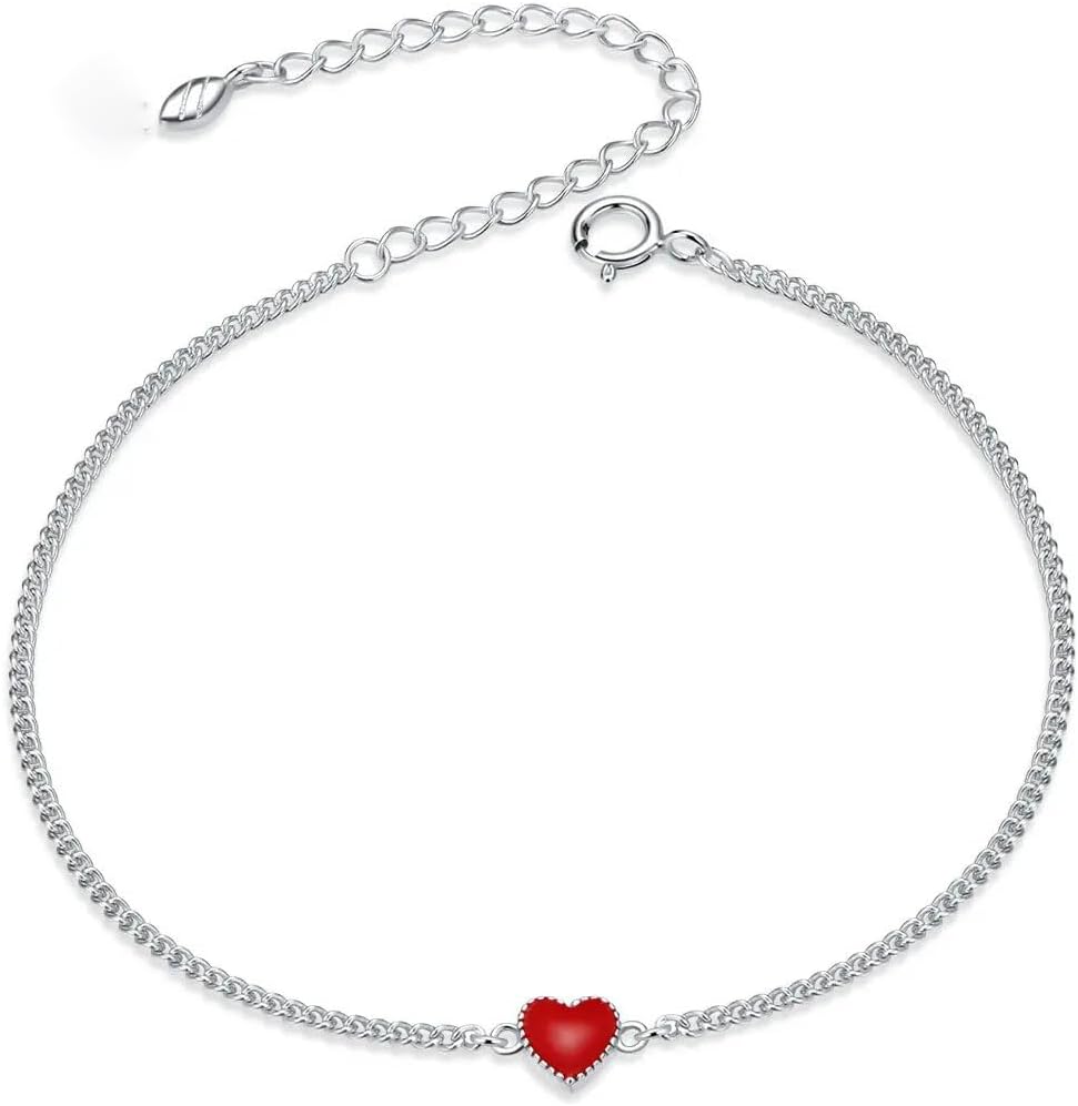 Red Heart Bracelets 925 Sterling Silver Adjustable Chain Link Red Enamel Bracelet Engagment Female Jewelry SSS-0301-121