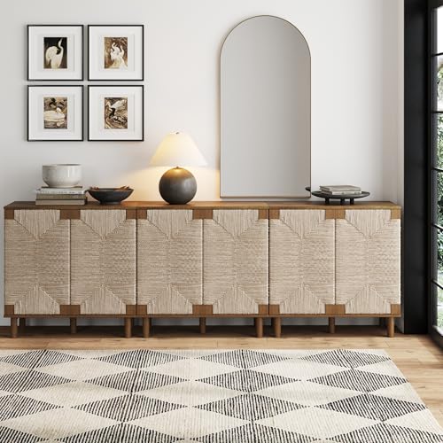 Image of Nathan James Beacon Boho Accent Cabinet with Doors, TV Stand with Adjustable Interior Shelf and Seagrass Accent, Dark Brown, Set of 3