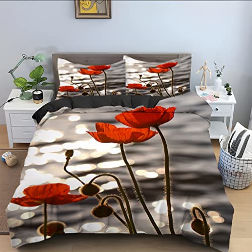 Housse de Couette 220x240 cm Coquelicot Parure de Lit 220x240cm avec 2 Taie d'oreiller 65x65cm. Ensemble de Literie Ultra-Doux 2 Personnes avec Fermeture...