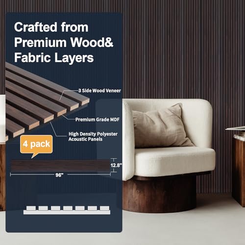 Image of NeatiEase Wood Panels for Wall, 4-Piece 96 inch x 12.6 inch Soundproof Wood Slat Wall Panel for Interior Wall Decor Noise Cancelling, Wood Acoustic Wall Panels, Sound Absorbing Panel (Dark Walnut)