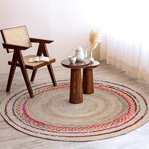 Image of Rounds Jute Carpet - Handwoven Natural Fiber Rug for Living Room, Bedroom, Entryway | Boho Chic Eco-Friendly Area Rug | Rustic Designer Floor Mat:-(Chindi Design, 6x6 feet
