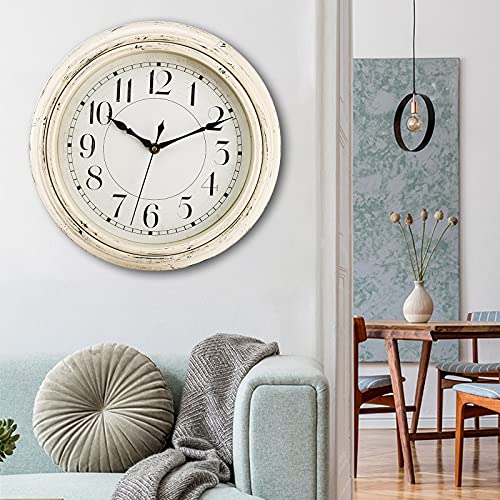 Peohud Silent Wall Clock, 12 Inch Vintage Non Ticking Quartz Battery Operated Round Clock, Rustic Wall Clock For Living Room Kitchen Home Office Classroom School, Creamy White #TOP4