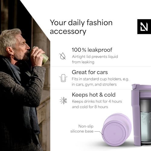 Image of LARS NYSOM Thermo Coffee Mug to go 17oz | Travel Mug 0.5 Liter with Insulation | Silicone grip base | Leak Proof Stainless Steel Tumbler for Coffee and Tea on the Go (Powder Purple, 17oz)