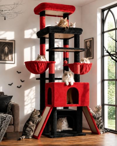 Image of Globlazer Heavy Duty Cat Tree 78 inch Sturdy Gothic Cat Tower for 20lbs Large Adult Cats, Symmetrical Aesthetic Big Goth Cat Tree with Extra Large Platform, 2 Scratching Boards, Z78, Black Red