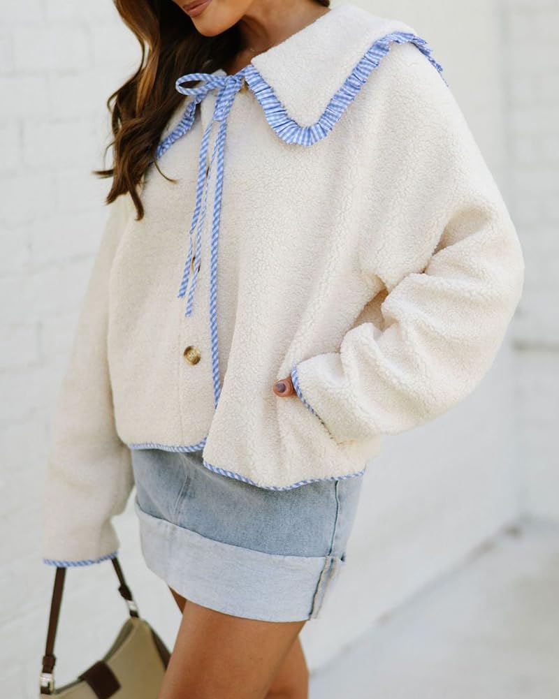 Women Peter Pan Collar Sherpa Fleece Jacket Button Down Cozy Fall Winter Casual Fuzzy Coats with Pockets 2026 - Image 5