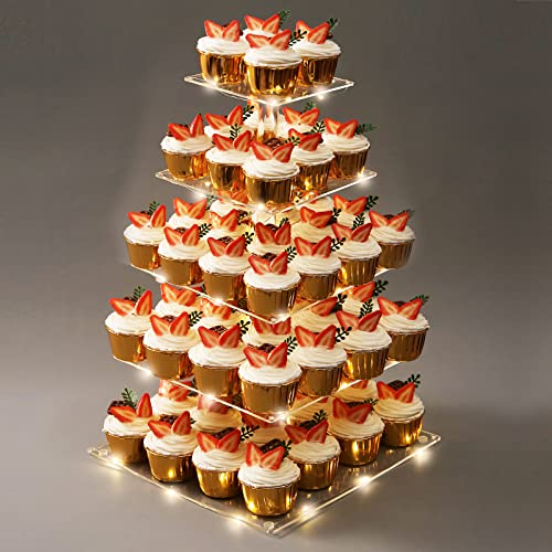 5 Tiers Cupcake Stand with LED String for 64 Cupcakes Dessert Tower - Square
