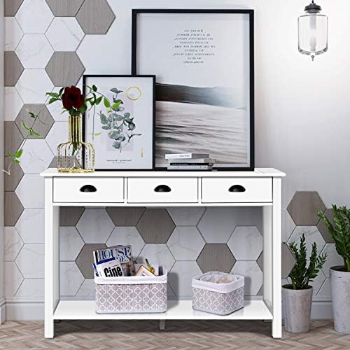 COSTWAY 120cm Console Table with 3 Drawers and Storage Shelf, Narrow Sofa Side End Table Hall Desk, Wooden Display Accent Dressing Table for Living Room Bedroom Entryway, White