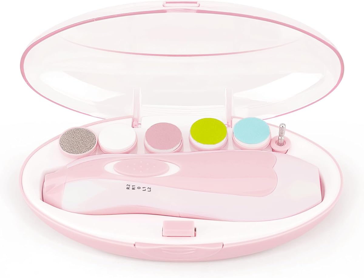 Cortauñas para bebés eléctrico: Kit eléctrico para cortauñas para bebés, cuidado de las uñas de los pies, manicura, juego 6 en 1 con luz LED, caja fuerte para niños recién nacidos y adultos, color rosa