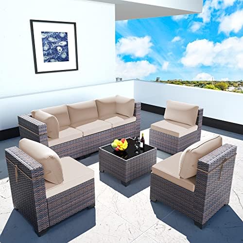 Gotland7 Pieces Patio Furniture Set Outdoor Sectional Wicker Furniture All-Weather PE Rattan Patio Conversation Sets w/Replaceable Khaki Waterproof Cushions and 1 Coffee Table