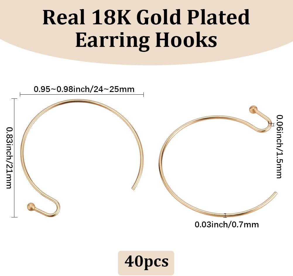 Beebeecraft 1 Box 40Pcs 18K Gold Plated Earring Hooks 24mm Half Round Gold Ear Wires for Jewelry Making Earring Findings DIY Crafts