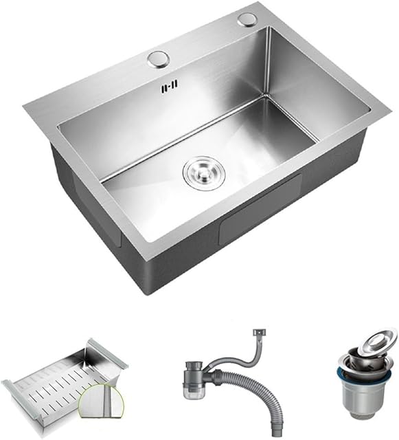 Inset/Undermount Stainless Steel Kitchen Sink Single Deep Square Bowl Sink with Drain, Basket 550x450mm