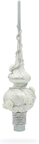 Miniatura 6 de Rosas blancas dimensionales con hojas sobre vidrio soplado blanco para árbol de Navidad, 11 pulgadas