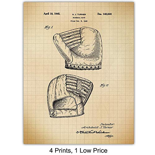 Baseball Patent Art Prints - Vintage Retro Wall Art Poster Set - Chic Contemporary Home Decor For Boys, Teens, Game, Kids Room, Den, Office - Great Gift For Men, Boys - Four 8X10 Photos - Unframed #TOP2