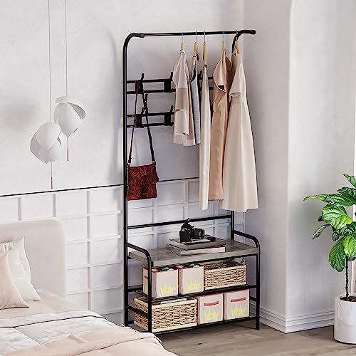 Amyove Coat Rack Shoe Bench, 3-in-1 Hall Tree Shoe Rack for Entryway, Coat Tree with 3-Tier Storage Shelf and 8 Hooks, Industrial Furniture with Steel Frame, Multifunctional Hallway Organizer, Grey