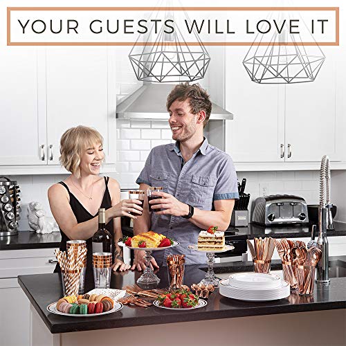 Sirsimon 250 Piece Disposable Rose Gold Plastic Dinnerware Set - 50 Rose Gold Plastic Plates - 25 Rose Gold Plastic Silverware - 25 Rosegold Cups And Straws - 50 Fancy Napkins, Wedding Or Party Of 25 #TOP1