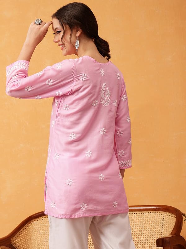 Image of Ada Women's Muslin Straight Fit Tunic Hand Embroidered Lucknowi Chikankari Straight Top Short Kurti A911420