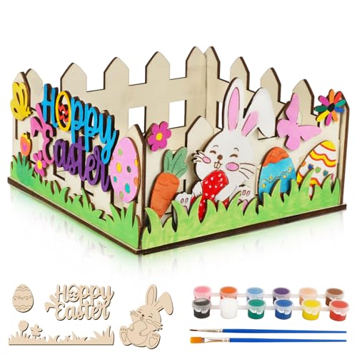 BOFUNX Cestino Pasqua Bambini Kit di Pittura Artigianale in Legno Regali Pasqua Fai da Te Lavoretti Creativi Legno per Bambini DIY per Colorare e Dipingere