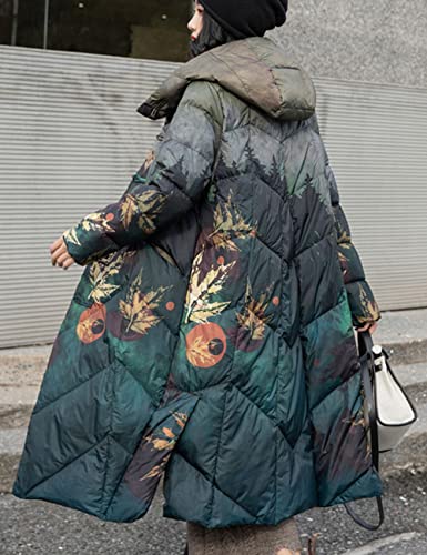 LUZU JUNU Women's Quilted Down Jacket Hooded Printed Frog Buttons Winter Long Coat2