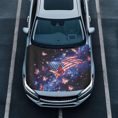 Image of American Flag Butterflys Car Hood Cover 59x39 Inch Car Hood Wrap Blankets Waterproof Stretchable Automotive Hoods Flag for Compact SUV Sedans Trucks