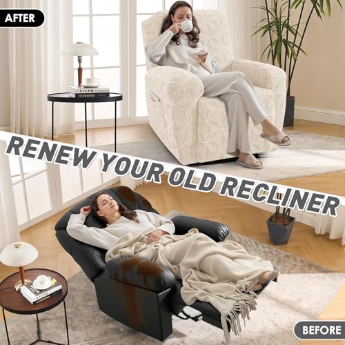 YEMYHOM Recliner Chair Cover, Stretch Recliner Slipcover for 1 Seater, Geometric Jacquard Reclining Couch Cover Furniture Protector for Pets & Kids, Beige by YEMYHOM - Image 5