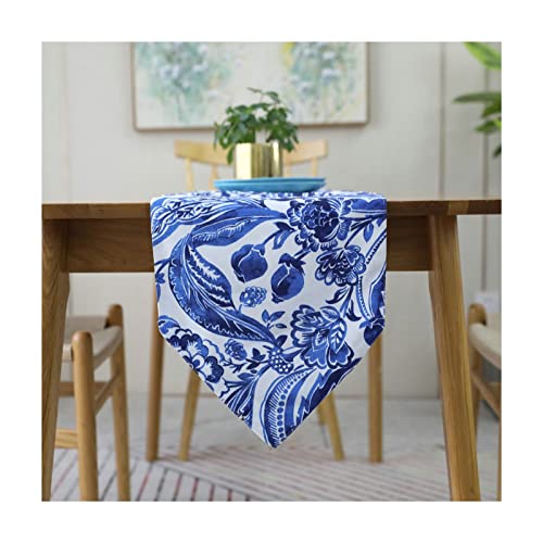 Chemin de table anti-pli polyester bleu décoration table fleurie sans repassage corvée
