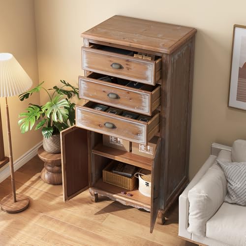 Image of Rustic Tall Storage Cabinet - Distressed Solid Wood Frame Accent Cabinet with Textured Drawer Fronts, 3 Drawers & 2 Doors, Farmhouse Freestanding Floor Cabinet for Entryway, Living Room, Hallway