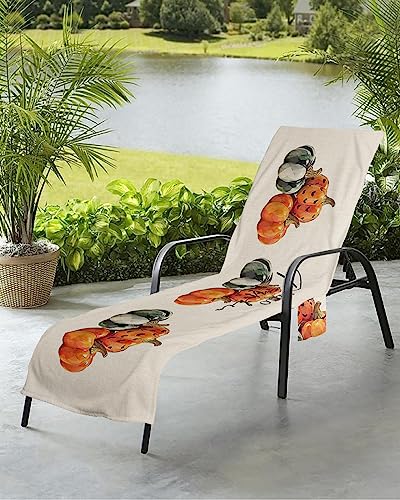 Pumpkins Beach Chair Towel Covers for Chaise Lounge with Side Pocket, Soft Plush Pool Towels Cover for Patio Sunbathing Outdoor 29''x85'' Fall Thanksgiving Autumn Harvest Festival