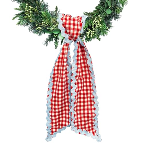 Ftuuo Wreath Sash for Front Door Red White Buffalo Plaid Wreath Satin Sash Blue Wave Garland Ribbon Accessories for Wreaths Yard Doorway Indoor Outdoor Bow Bridal Shower Home Decor 5.11 x 54.33