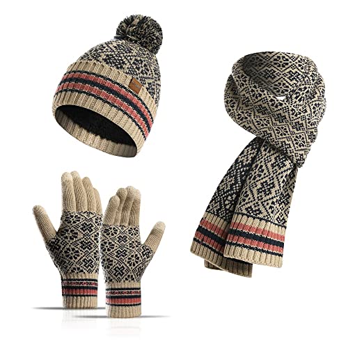 EXDUBCH 3-in-1 muts sjaal handschoenen sets voor dames dubbellaags fleece muts warme gebreide sjaal touchscreen-handschoenen - Image 3