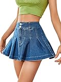 WDIRARA Women's Pleated Denim Skirt High Waisted A Line Button Up Ruffle Casual Mini Skirt Dark Wash M