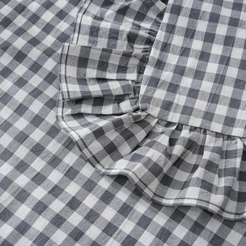 2 Pack Grey/White Plaid Ruffled Throw Pillow Sham 20 x20 inches, Washed Cotton Vintage Farmhouse Decorative Gingham Pillow Cover for Sofa/Living Room