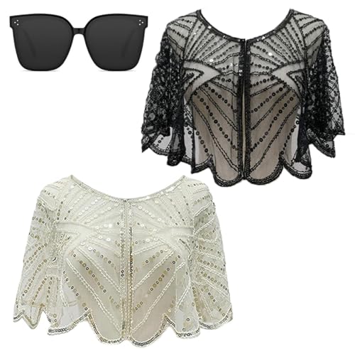 Vintage Lace Beaded Shawl, Women's 1920s Soft Stylish & Versatile Mesh Fringe Wraps, Sequin Beaded Shawls and Wraps