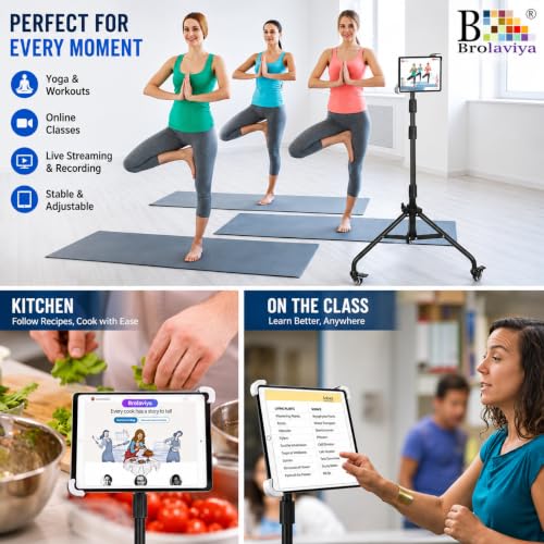 Image of BROLAVIYA Tablet Tripod Floor Stand with Wheels and Adjustable Gooseneck Mount for Home,Office, Stage for All 9.5~14.5 Diagonal inches Large Display Devices iPad, iPad Pro, Galaxy Tab, Surface Pro