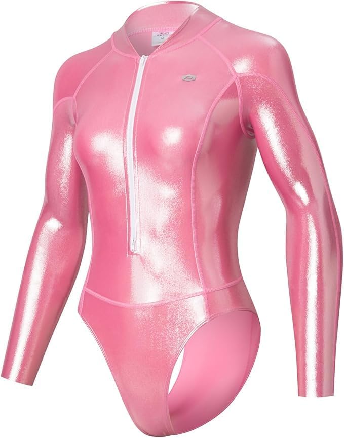 [LEOHEX] グリッター長袖水着 フロントジッパー 競泳水着 レオタード エナメル 光沢 ストレッチ密着 スイムウェアハイレグ バックレス ワンピース水着 コスプレ衣装 詳細画像5