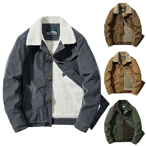Mens Corduroy Jacket Sherpa Lined Fleece Trucker Jackets Winter Vintage Solid Button Down Flannel Warm Cowboy Coat3