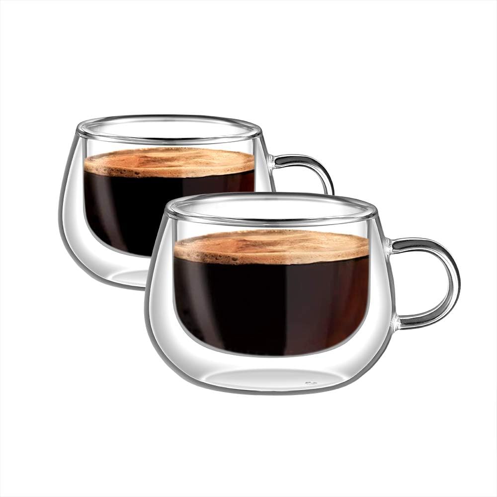 DLux Espresso Coffee Cups, Double Wall Clear Glass, Insulated