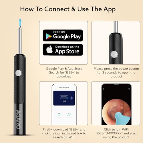 Image of AGARO Regal Ear Endoscope Cleaner /Earwax Removal Tool Kit with HD Camera, Light Weight, Type-C Charging, 130 mAh Battery, IP67 Waterproof, Wifi Connection for iOS & Android + 6 Silicone Tips