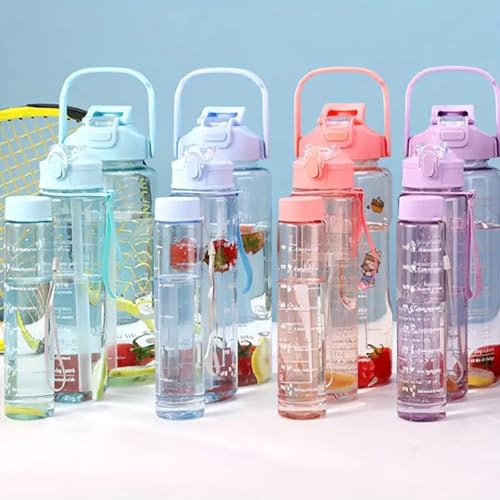 Image of HAMSA 2 Litre Water Bottle with Motivational quote,Straw&Handle-Leakproof,Non-Toxic,BPA-Free for Office,School,Gym(Pack of 1,Multi) (TRANSPARENT WATER BOTTLE 3PCS SET - 3 IN 1)