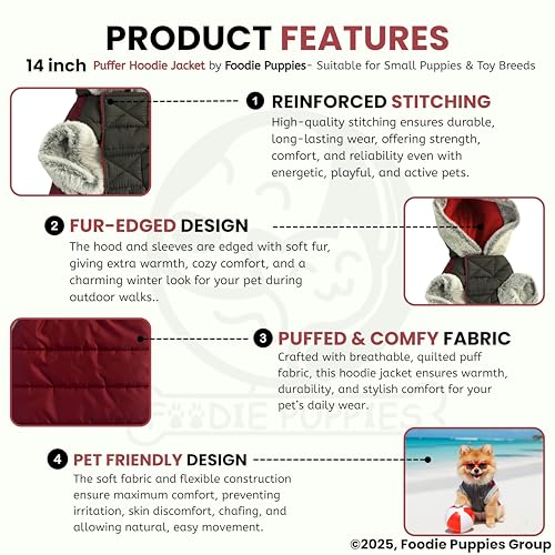 Image of Foodie Puppies Dog Puffer Hoodie Warm Winter Jacket - (Maroon Grey, 14 Inch) for Small Puppies | Ultra Warm Waterproof & Windproof Fur Coat | Washable Pet Vest Apparel for Cold Weather