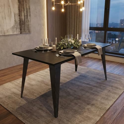 Image of FFO IRONCORE Dining Table with 1 Year Warranty | Modern Rectangular Dining Table for Home & Kitchen | Engineered Wood Top & Heavy Metal Tapered Legs | Matte Black Finish DIY.