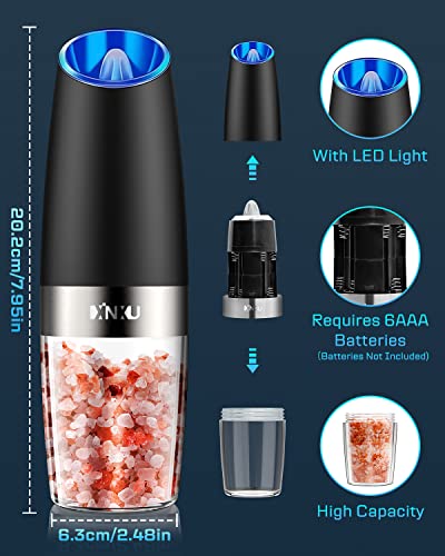 Xinxu Gravity Automatic Pepper And Salt Mill, Stainless Steel, Adjustable Coarseness With Blue Led Light, One Hand Operated, Come With Brush, Gift Ideal For Housewarming, Black #TOP6