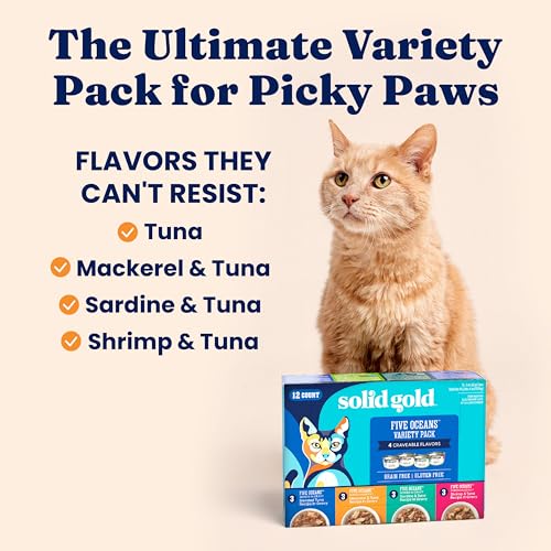 Image of Solid Gold Wet Cat Food Variety Pack Shreds in Gravy - Healthy Canned Cat Food Made w /Real Tuna & Fish Protein & Vitamins - Grain Free & Gluten Free Canned Meals for Cats & Kittens - 12ct /3oz Can
