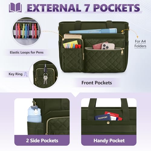 Image of SDYSM Teacher Tote Bag 15.6 inch Laptop Bag Work Bags for Women Nurse Tote Professional Computer Messenger Shoulder Bags Laptop Briefcase for Office, College, Nursing, Olive Green