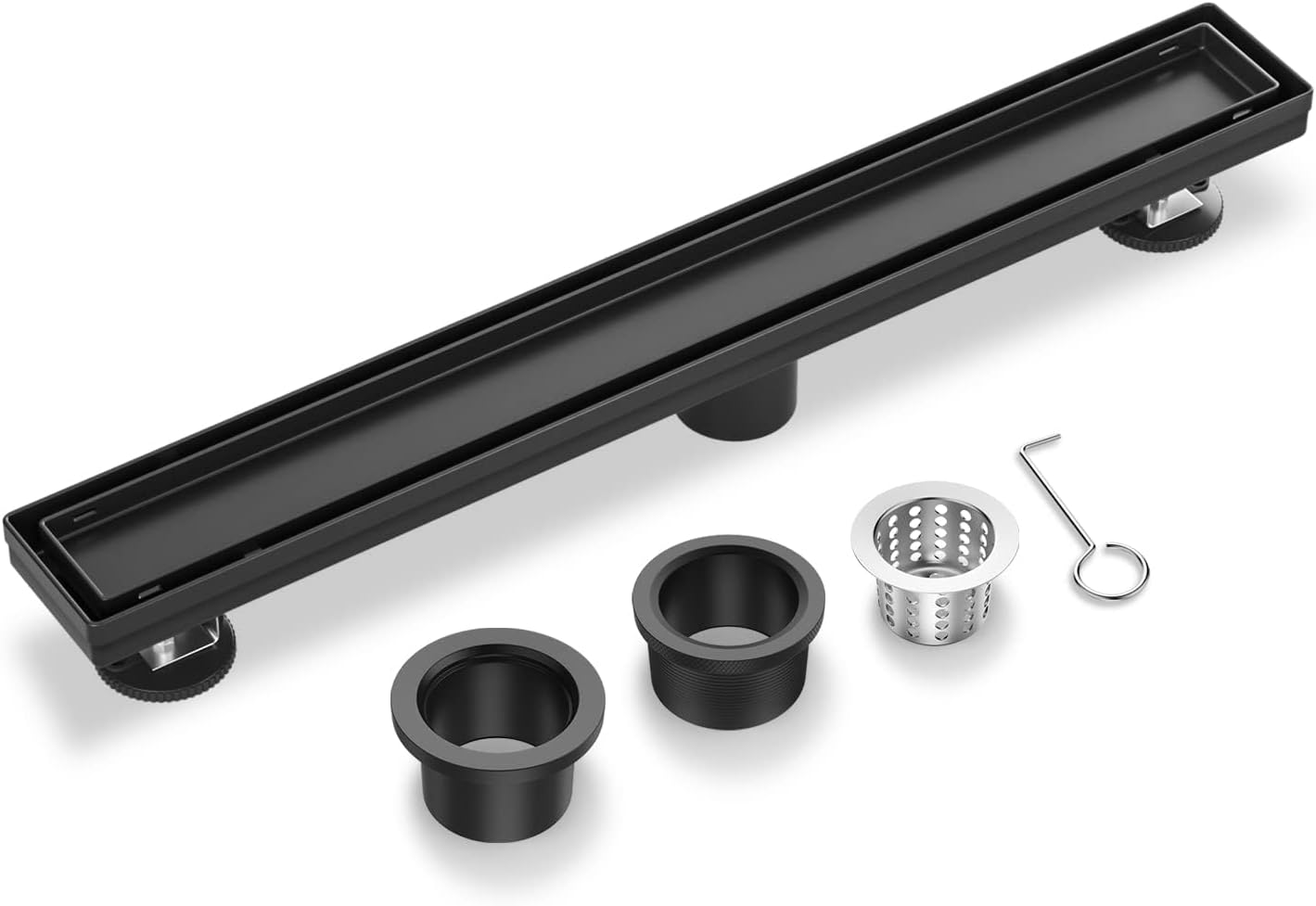 EXF Linear Shower Drain 30 Inch Matte Black with Reversible Flat & Tile Insert Cover, Stainless Steel Rectangle Shower Floor Drain with Hair Catcher, Adjustable Feet Matte Black 30 IN