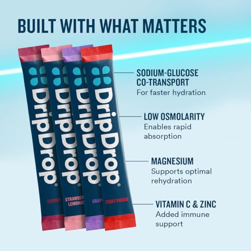 Image of DripDrop Hydration Packets - Juicy Variety Pack - Single Serve Electrolytes Powder Drink Mix - Grape, Fruit Punch, Strawberry Lemonade, Cherry - Non-GMO, Gluten Free, Vegan - 32 Sticks