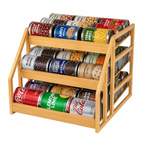 MinBoo Bamboo Can Rack Organizer, Kitchen Pantry Storage, 36 Can Capacity, Tilt Design