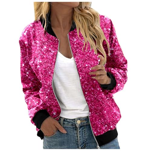 Chaqueta brillante para mujer, chaqueta bomber de lentejuelas, corte corto, elegante, para fiestas, clubes, con cremallera, manga larga, para festivales, carnaval, Nochevieja, discoteca, trajes, Rosa