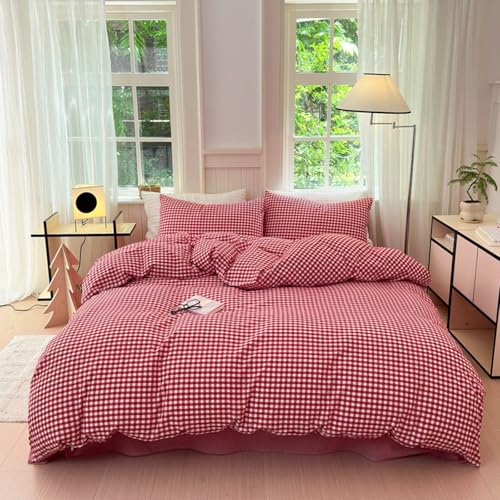 Image of LifeTB Queen Comforter Set Red Gingham Comforter Modern Style Plaid Boho Comforter Set 3 Pieces Fluffy Grid Checkered Comforter with 2 Pillowcases Farmhouse Gingham Bedding Set Queen Size