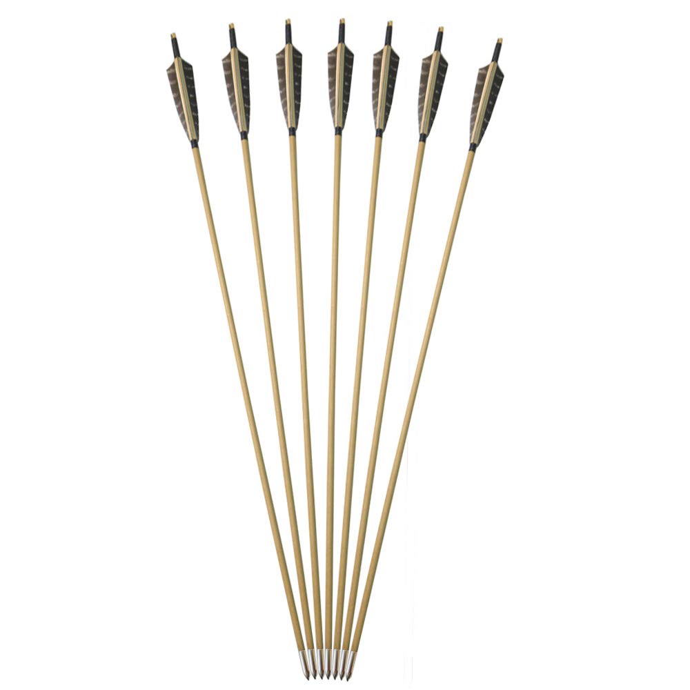 SHARROW 6pcs Tir à l'arc Flèches en Bois 31 Pouces Fait Main avec 5" Plumes de Flèche Naturelles Pointe de Flèche Têtes pour Arc Classique Recurve Arc Composé Longbow