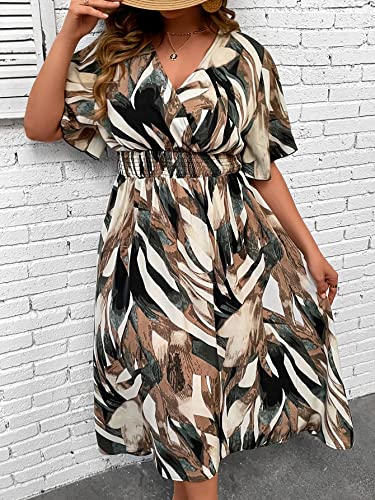 Image of Floerns Women's Plus Size Boho Hawaiian Tropical Dresses V Neck Short Sleeve Floral A Line Long Dress Vacation Beach Outfits